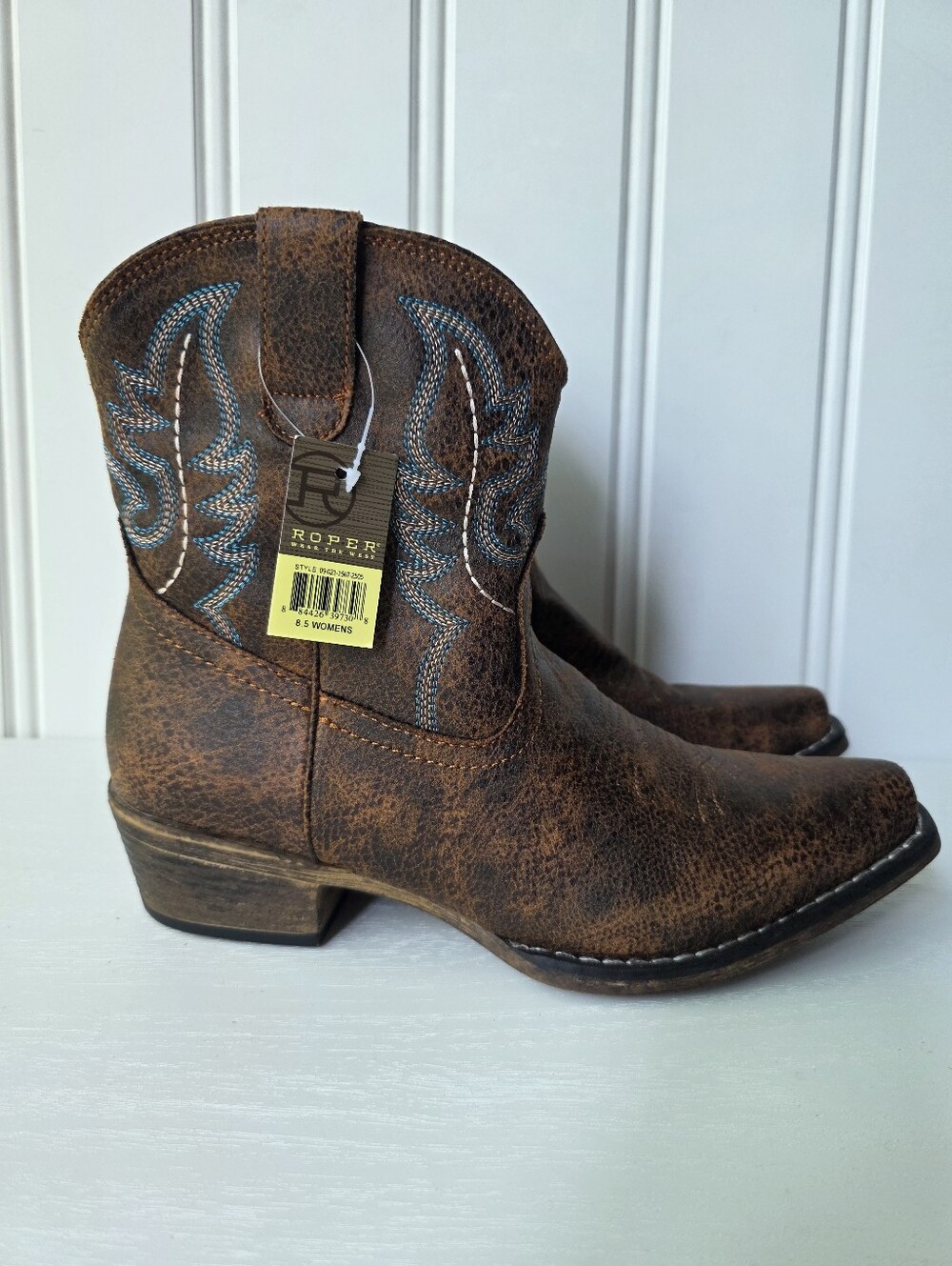 Roper Shay Faux Leather 7" Brown Western Snip Toe Boots Womens 8.5 NWT